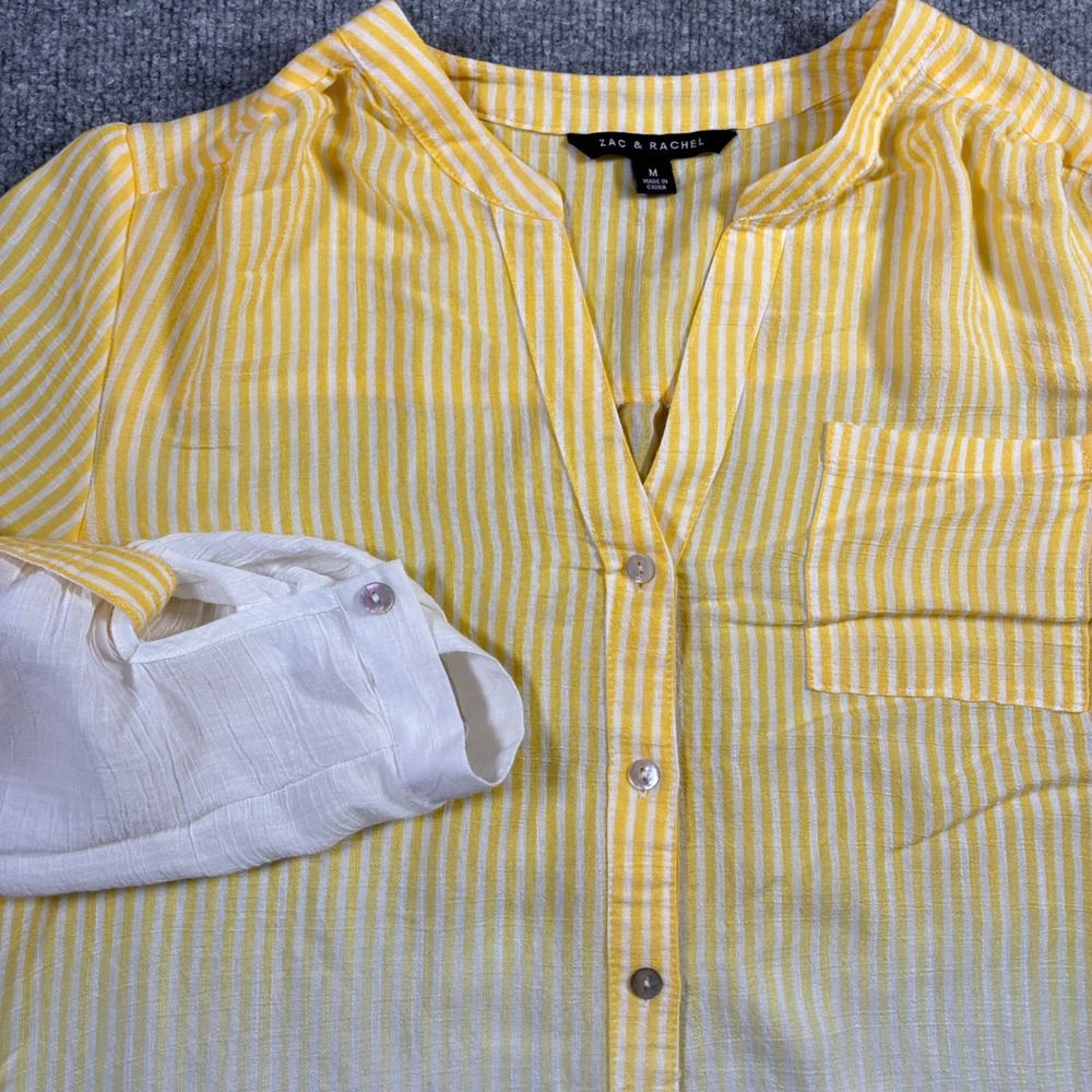 Zac & Rachel Button Up Blouse Womens M Yellow White Ombre Stripe Roll Tab Top